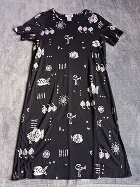 90s Hieroglyphic Black & White Graphic Print Fish Maxi Dress Size Large, Slip On